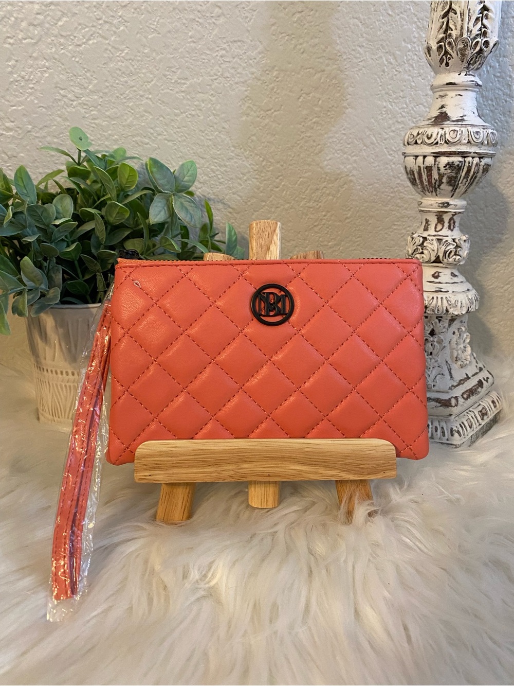 Badgley Mischka Quilted Coral Wristlet Clutch